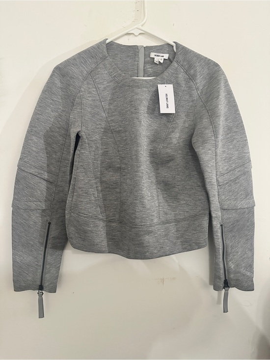 Helmut Lang Tops - Helmut Lang Light Gray Neoprene like Sponge Fleece Zip-Cuff Crewneck Sweatshirt